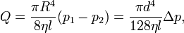 Описание: Q=frac{pi R^4}{8eta l}(p_1-p_2)=frac{pi d^4}{128eta l}Delta p,